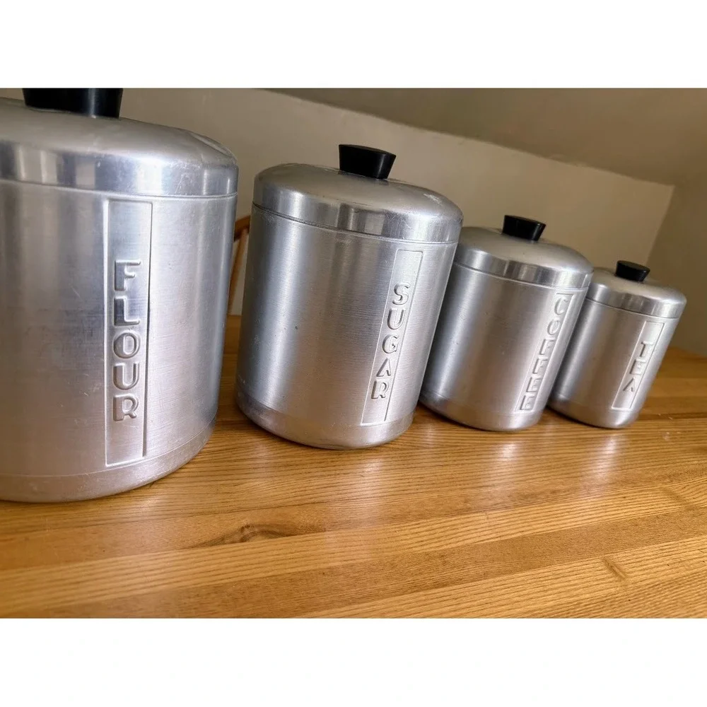 VTG Mid-Century Brushed Aluminum Canister Set Of 4 With Lids 1950s MCM Retro